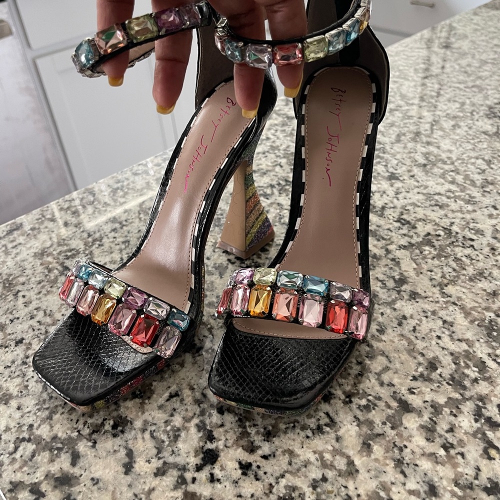 Betsey Johnson Black Heels with Colorful Gemstones